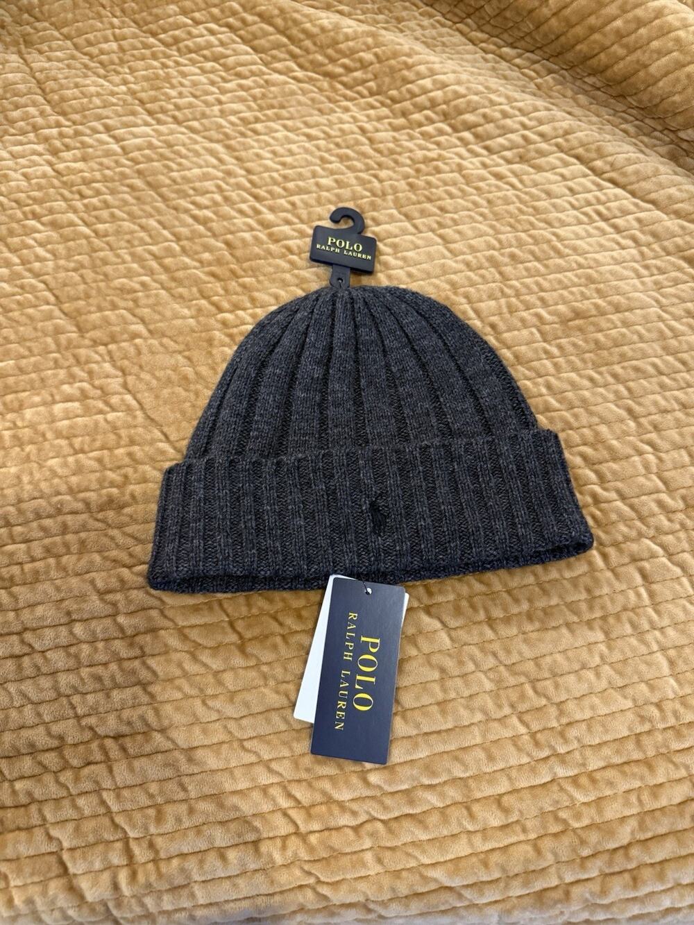 NEW Polo Ralph Lauren Men's Charcoal Wool Blend Ribbed Cuff Knit Beanie Hat Logo